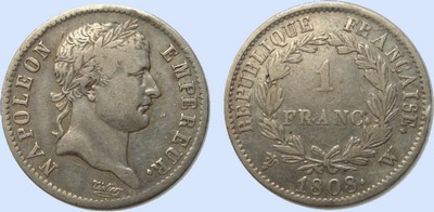 1 Franc NAPOLEON EMPEREUR Tte laure Rpublique Franaise